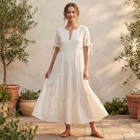 Madewell Dresses & Skirts - Madewell Cream Tiered Midi Dress with Tie Sleeves
